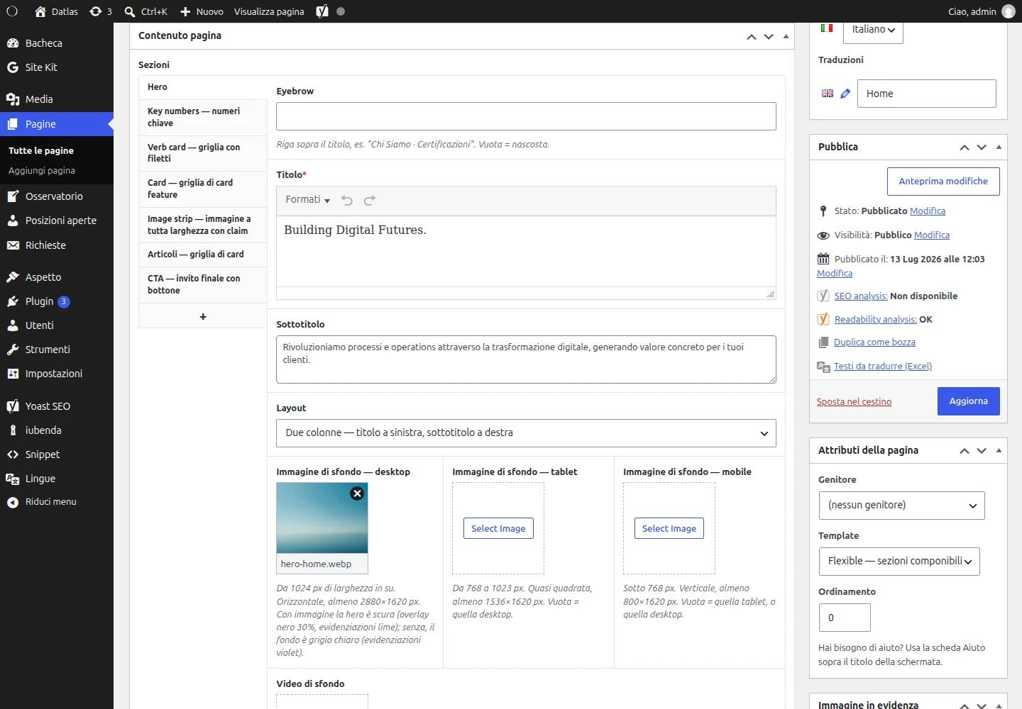 Editor delle sezioni del page builder: campi di una hero con immagini di sfondo per desktop, tablet e mobile