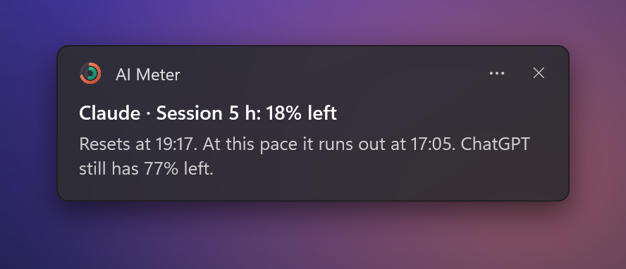 Notifica di Windows: sessione Claude al 18%, a questo ritmo finisce alle 17:05, ChatGPT ha ancora il 77%