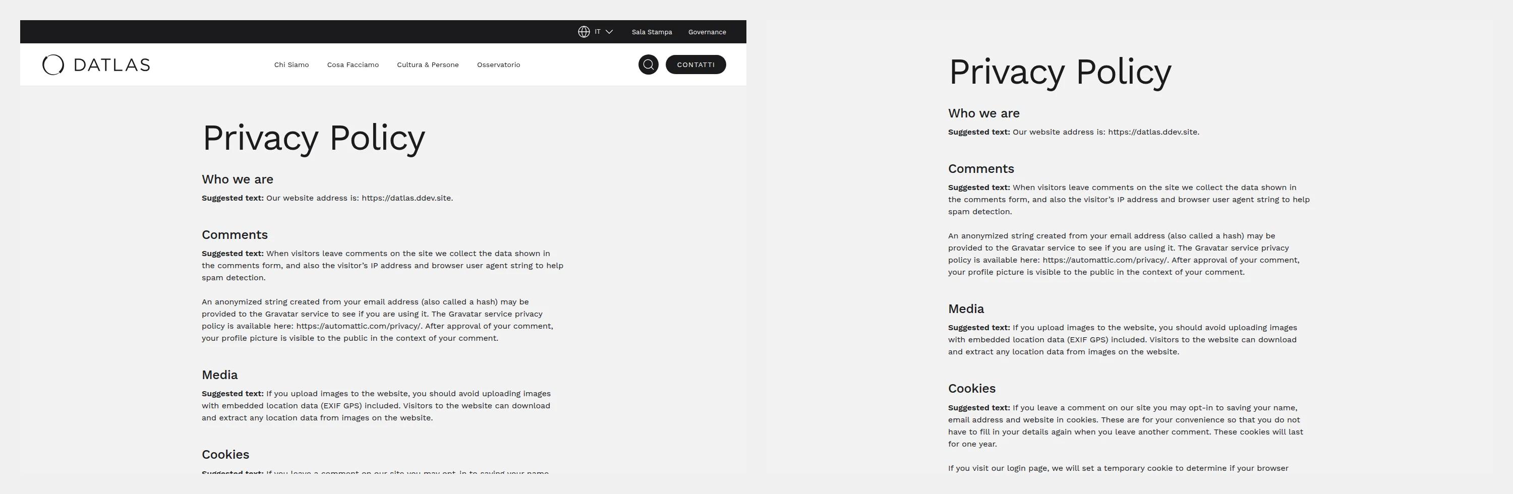 Lo stesso documento privacy mostrato con il layout completo del sito e in versione embed con il solo contenuto legale