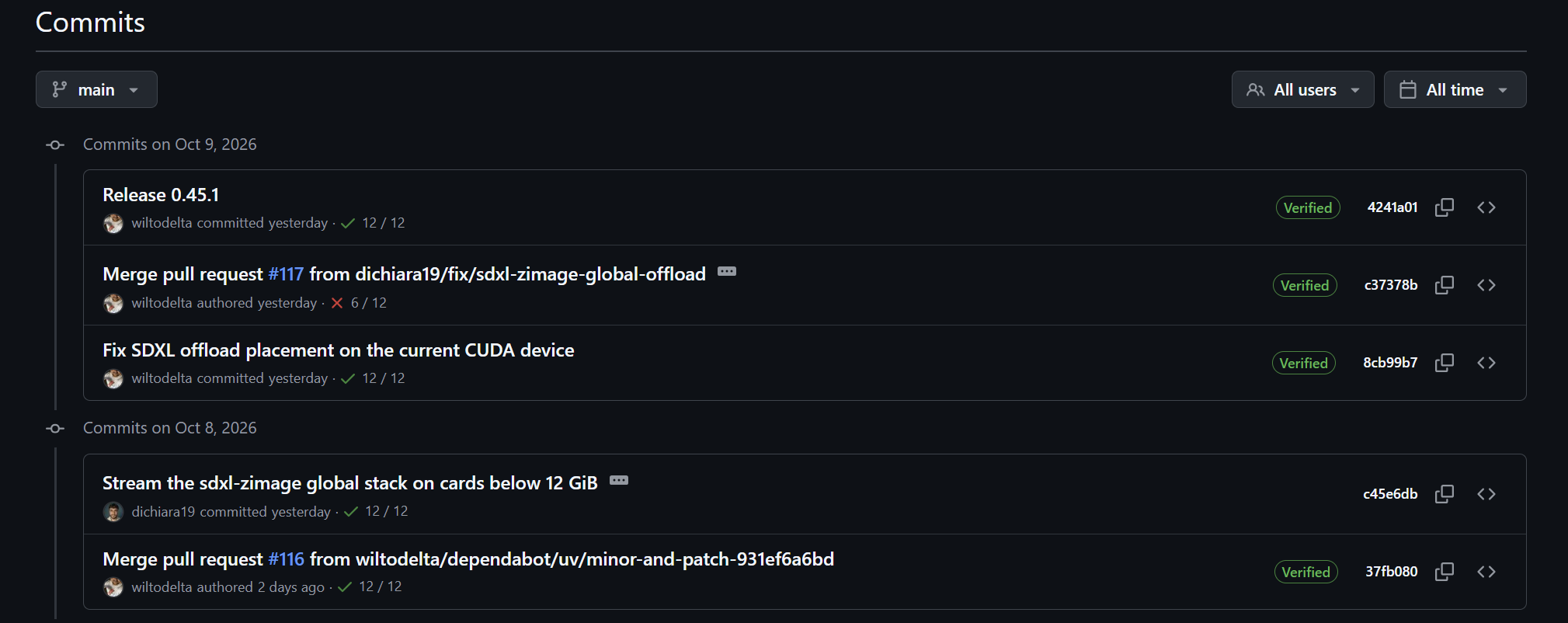Cronologia dei commit di remove-ai-watermarks con il merge della pull request 117 e la release 0.45.1
