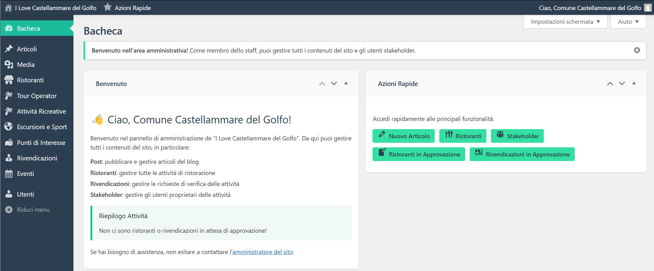Dashboard dello staff