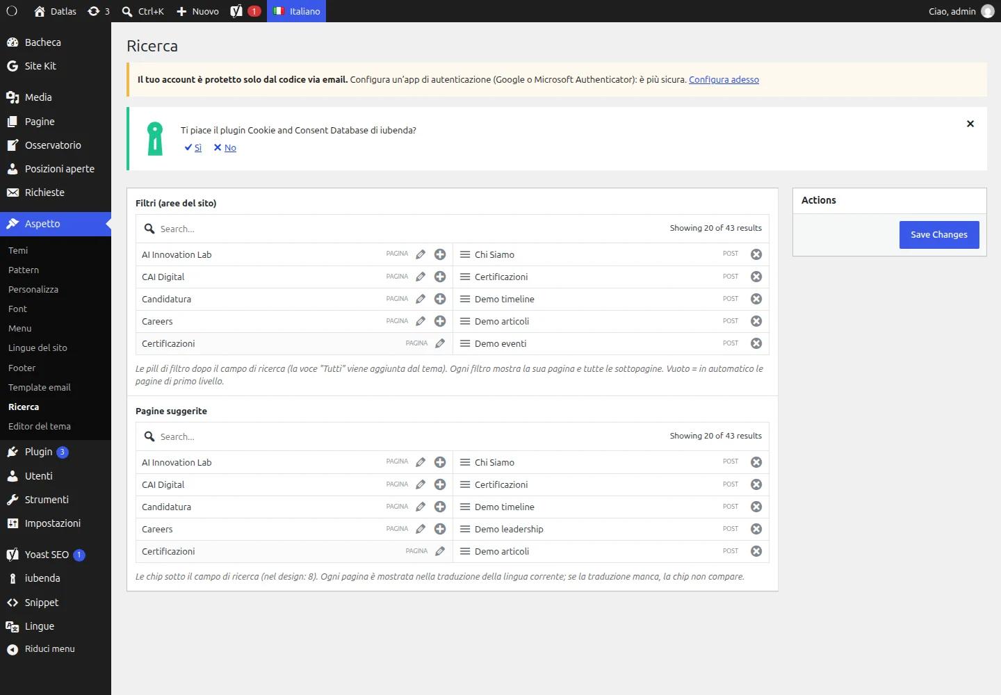 Backend WordPress di Datlas: gestione dei filtri e delle pagine suggerite della ricerca interna