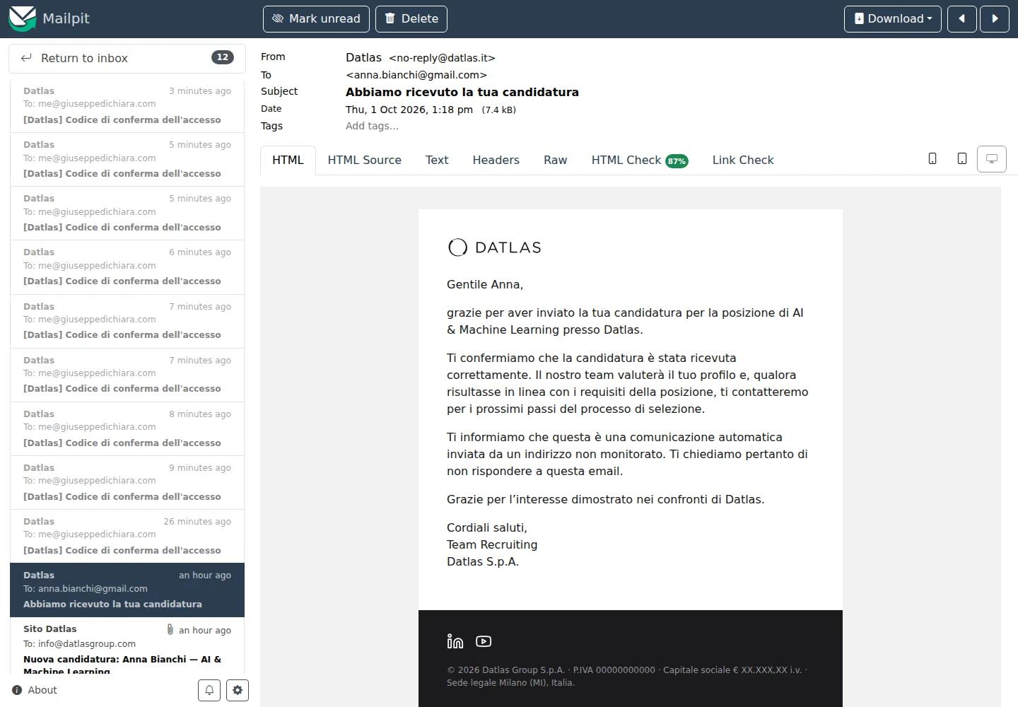 Email transazionale di conferma ricezione della candidatura come appare nella casella del destinatario