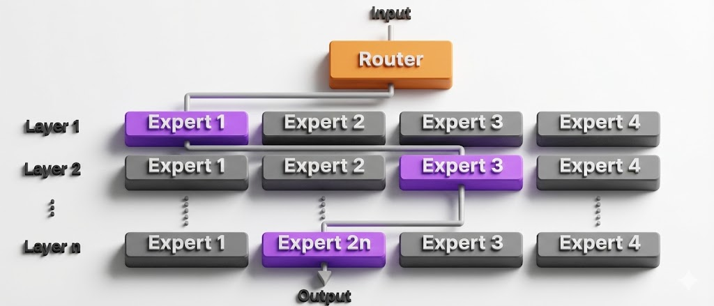 Grafico rappresentativo della Mixture of Experts, con una rappresentazione a parallelepipedi degli "Esperti" e una suddivisione in Layer per raggiungere l'output, partendo dal Router come input.