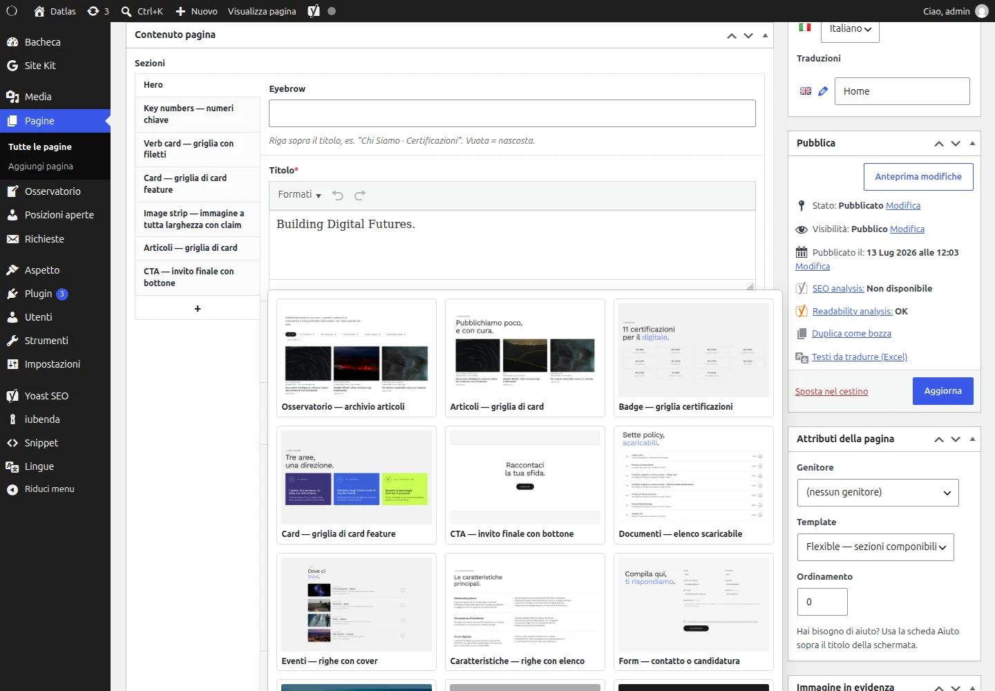 Selettore dei componenti del page builder Datlas con anteprime visive di ogni sezione