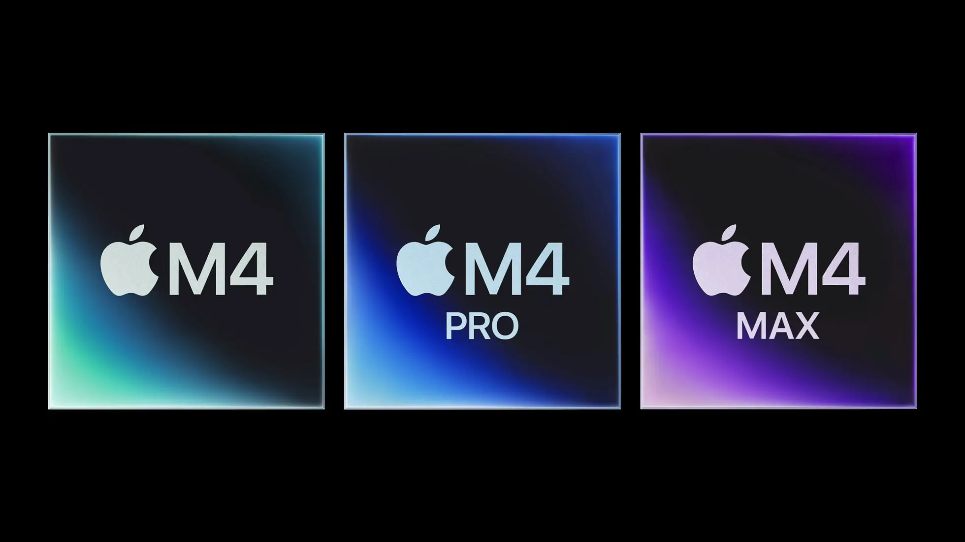 Grafica che rappresenta in ordine i chip di casa Apple: M4, M4 PRO e M4 MAX