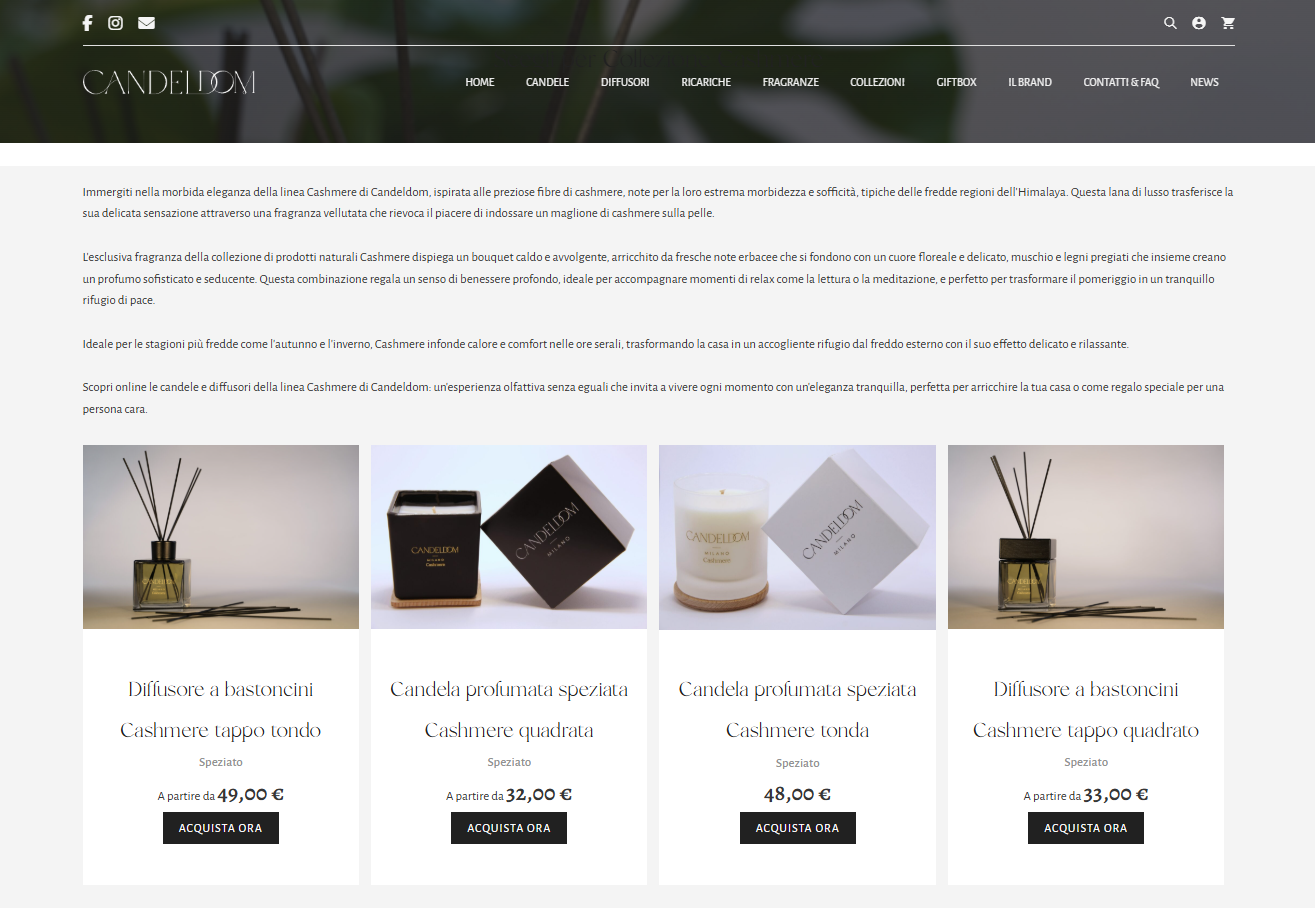 Screenshot della pagina "Collezioni" del sito candeldom.com