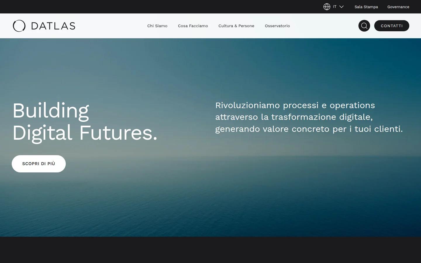 Home page del nuovo sito istituzionale Datlas su desktop, con hero e navigazione principale