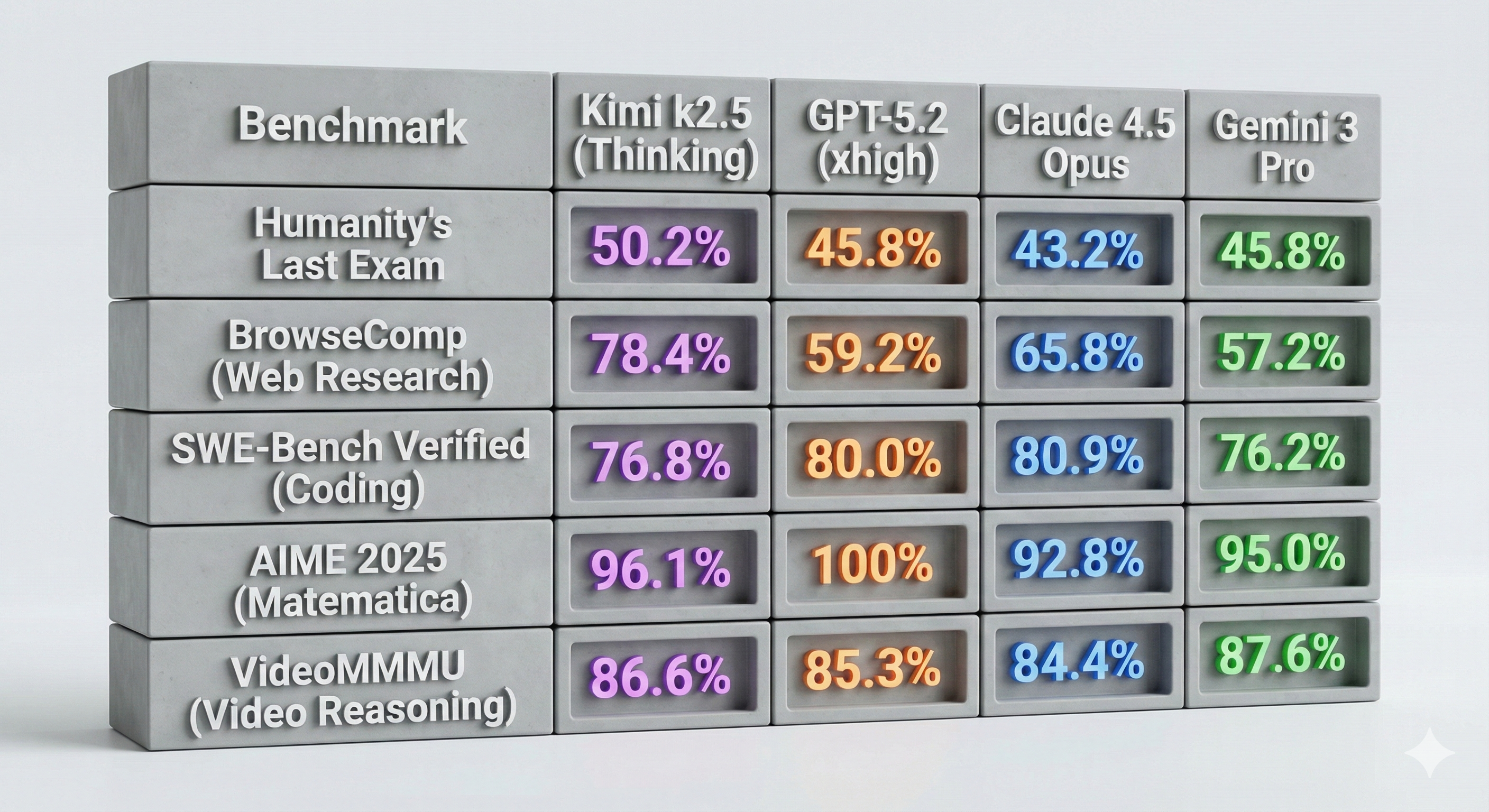 Tabella 3D minimal che contiene i dati benchmark tra i modelli di frontiera e Kimi K2.5