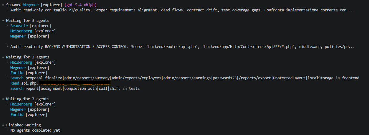 Screenshot di una sessione di Codex CLI con i sub-agents