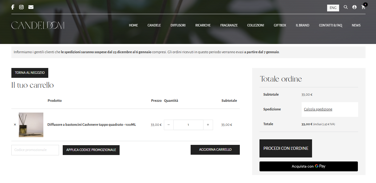 Screenshot del processo di checkout di candeldom.com