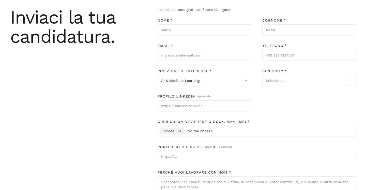 Modulo di candidatura Datlas con il campo Posizione di interesse preselezionato in base all'annuncio