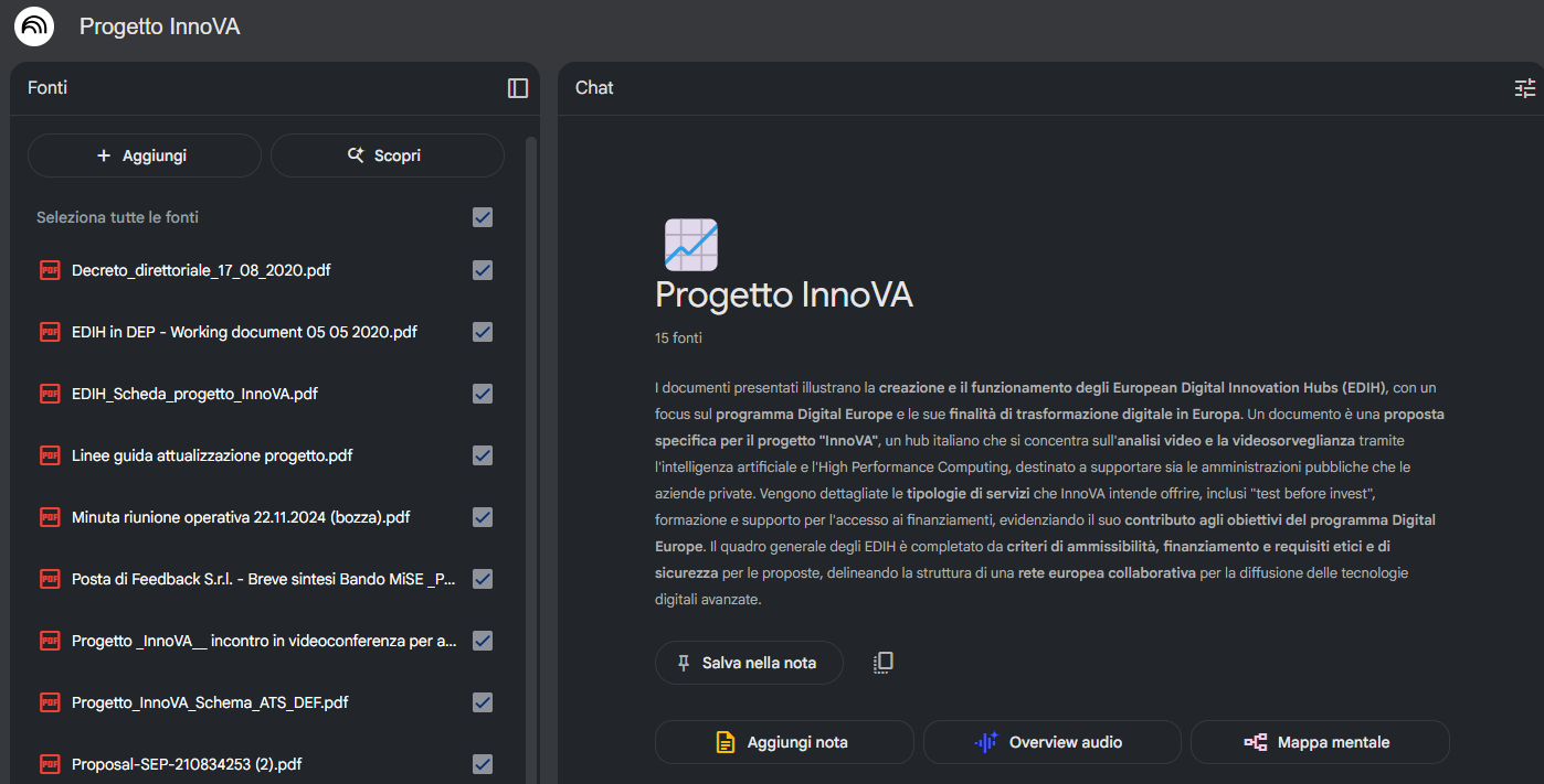 Interfaccia di NotebookLM con un bando caricato e domande iniziali
