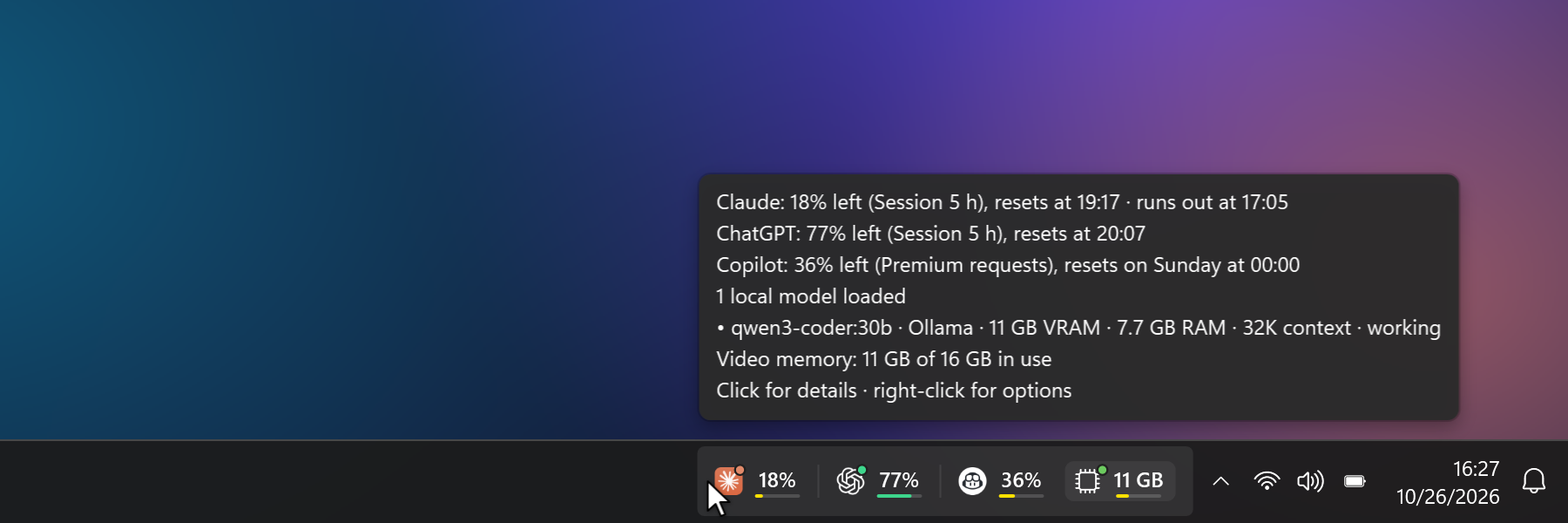 La pillola di AI Meter nella barra di Windows 11 con i limiti residui di Claude, ChatGPT e Copilot