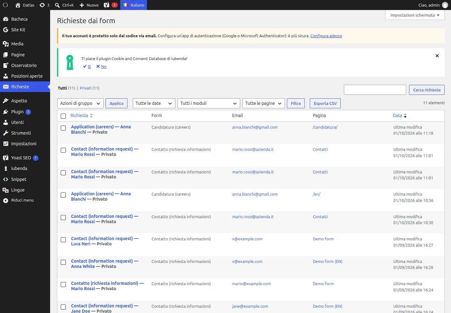 Archivio delle richieste dai form nel backend con filtri ed esportazione CSV