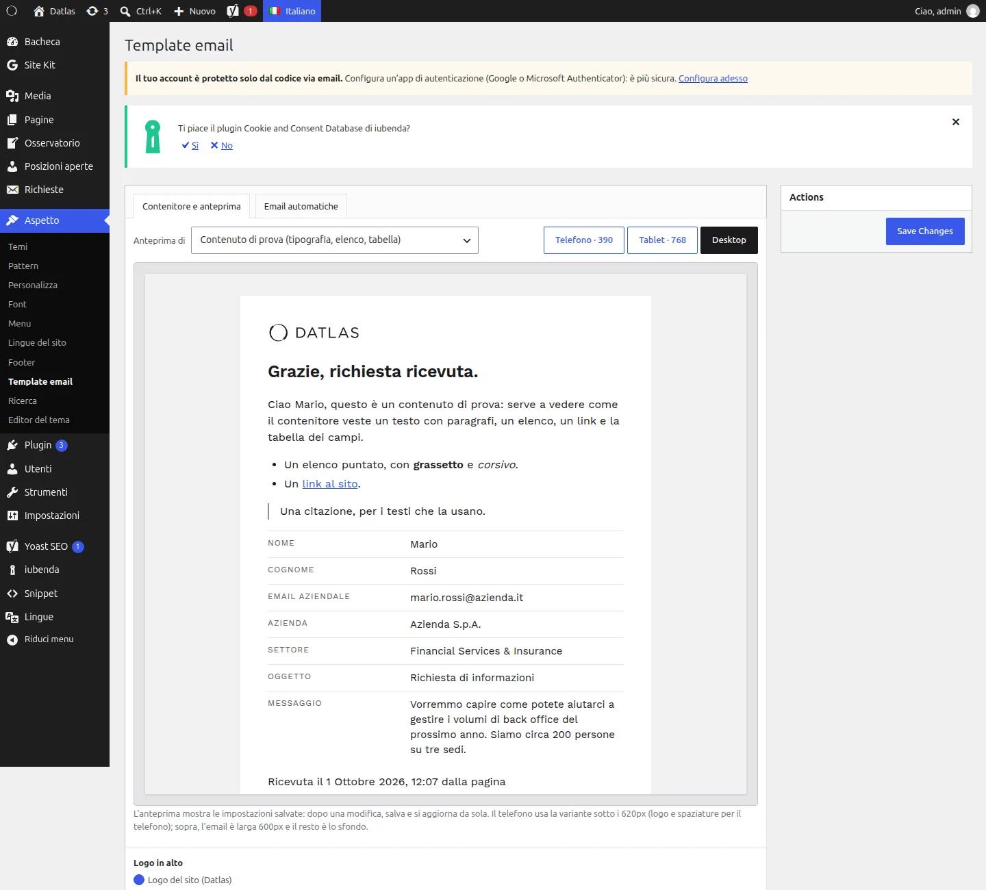 Editor del template email con anteprima del contenitore e selezione del dispositivo