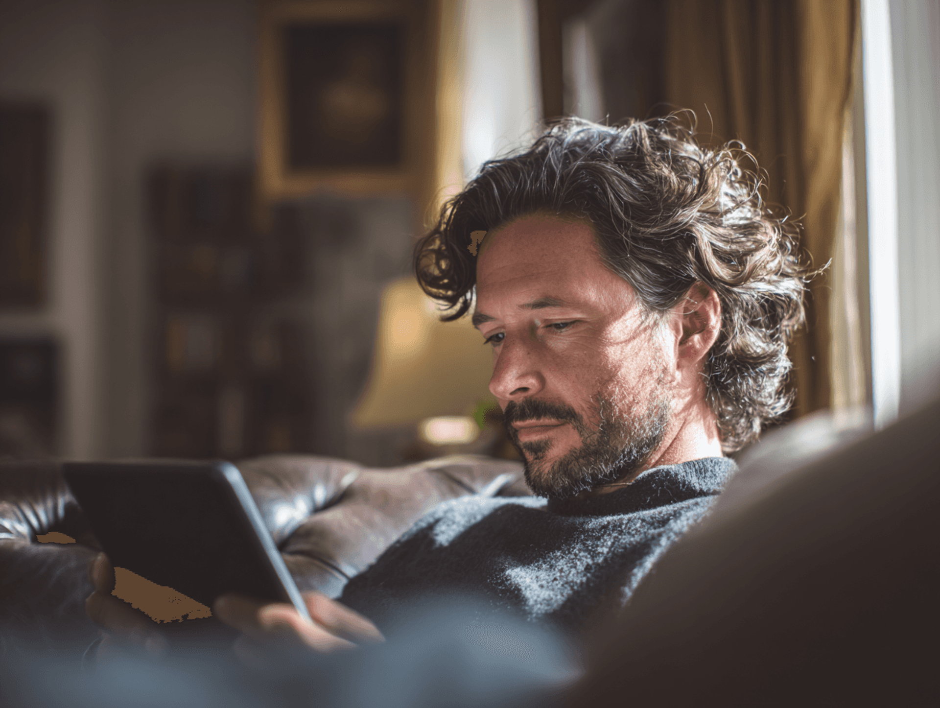 A man with curly greying hair reading a tablet on a sofa