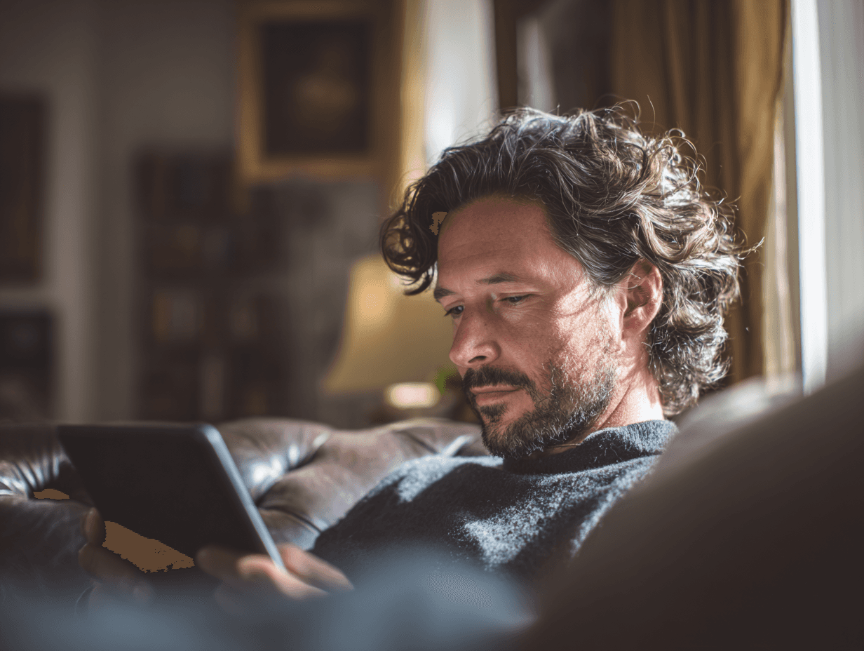 A man with curly greying hair reading a tablet on a sofa