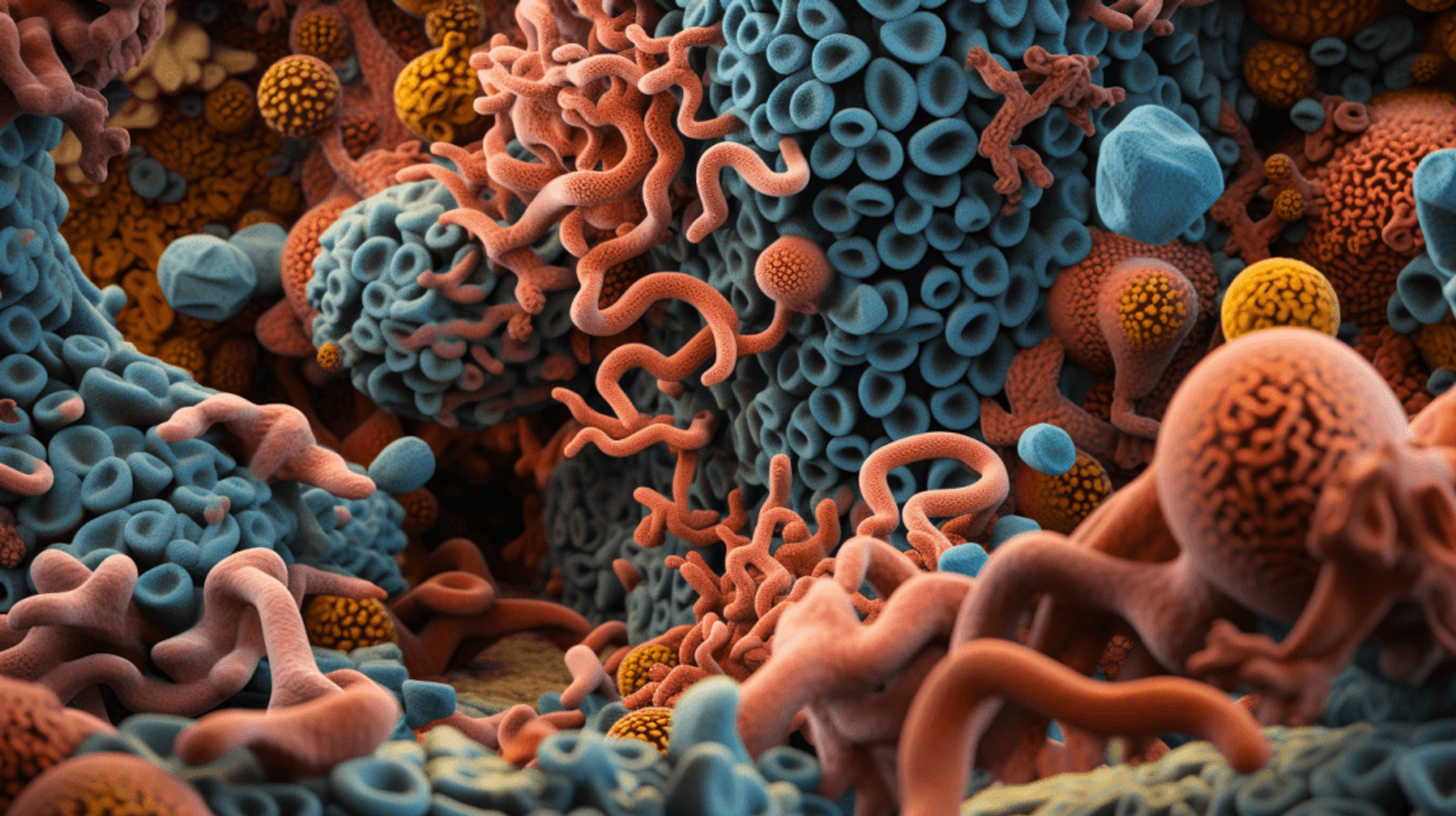 A colourful three dimensional illustration of coral and blue microbial forms