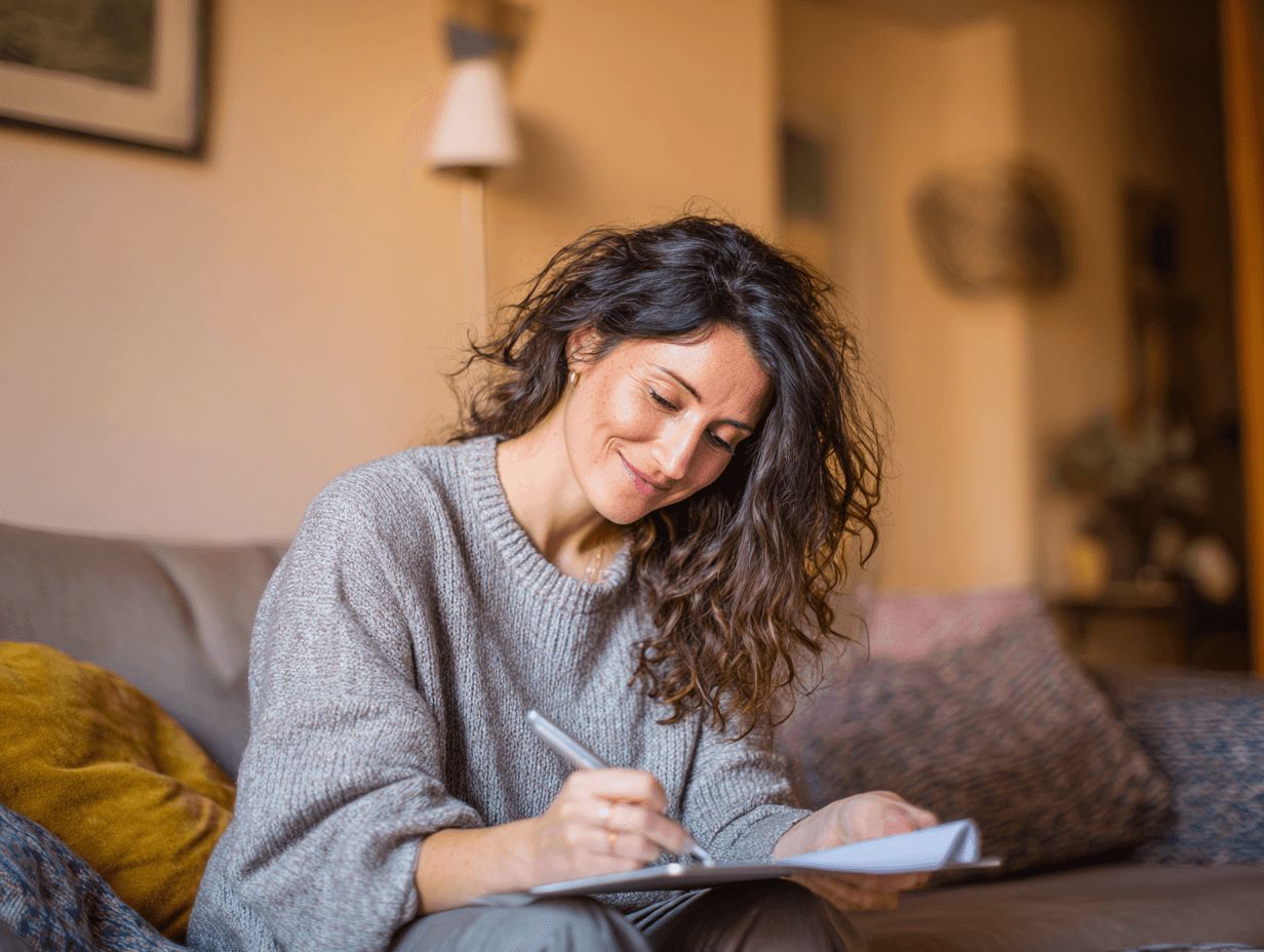 A woman in a grey jumper writing in a notebook on a sofa at home