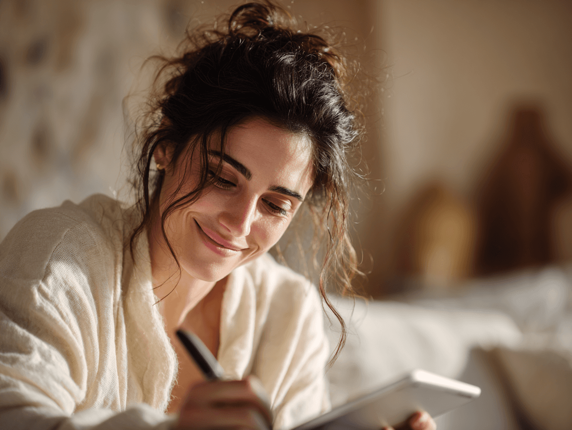 A woman in a white robe writing in a notebook, sitting on a bed