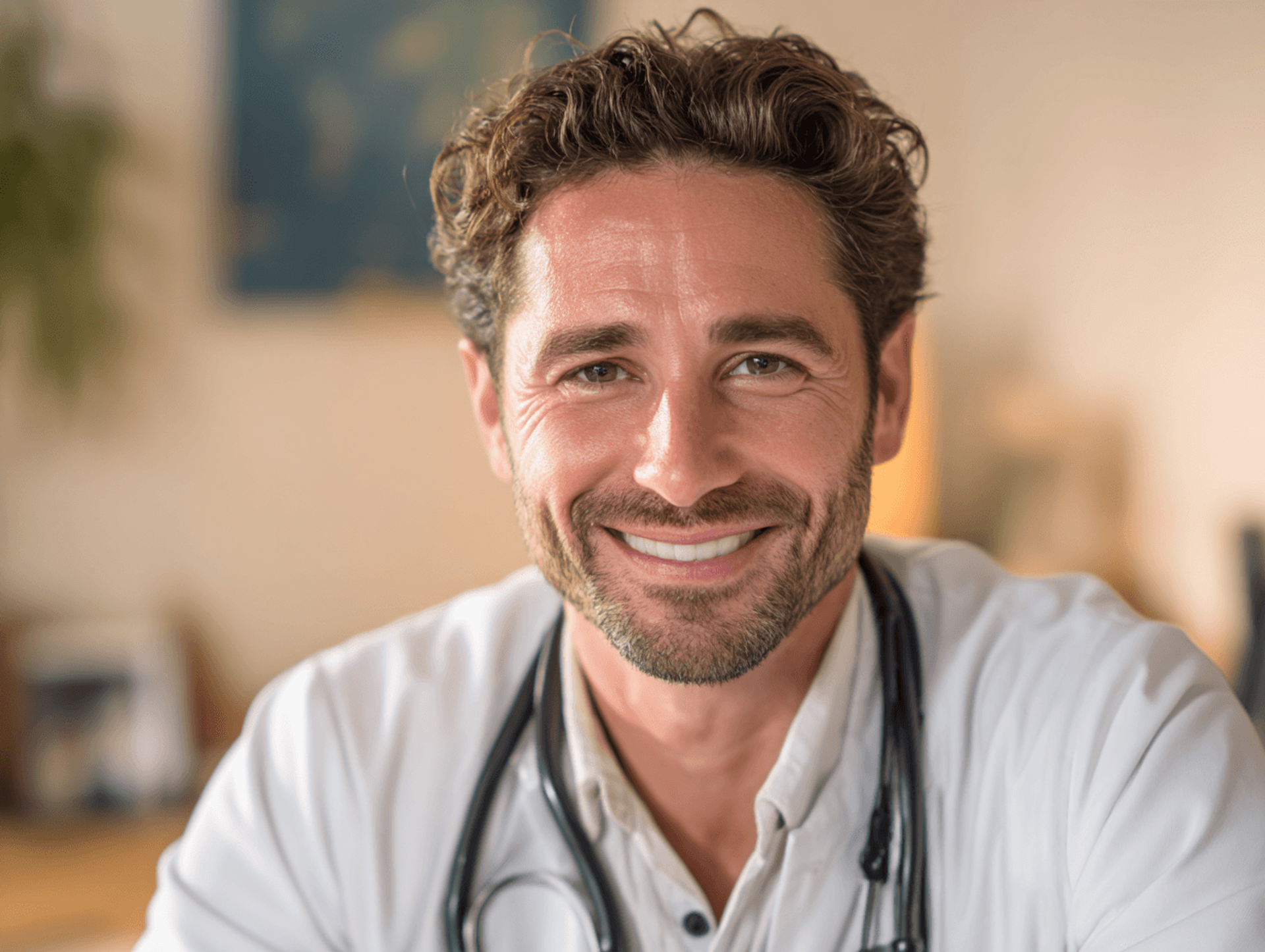 A man in a white coat with a stethoscope smiling at the camera
