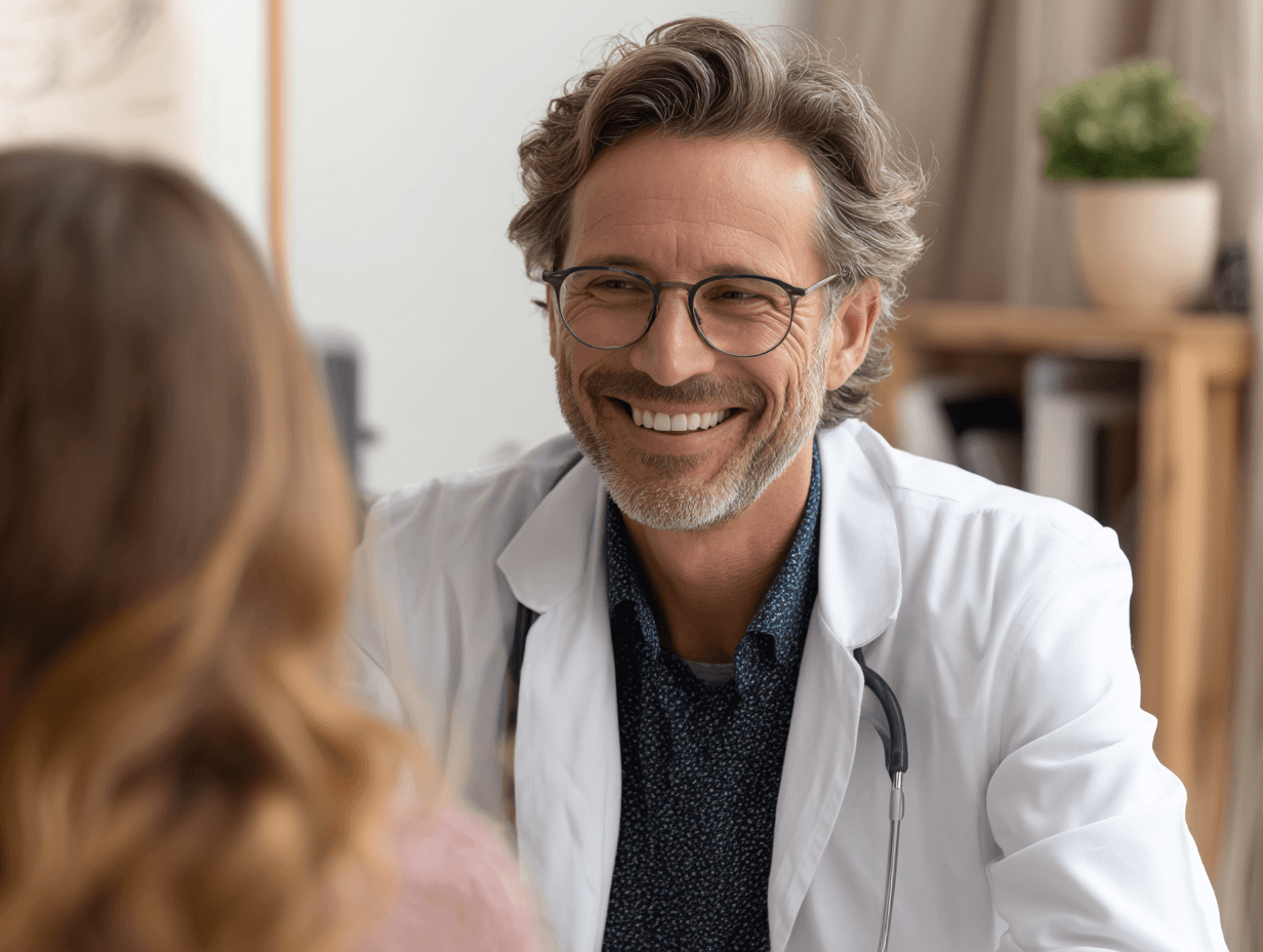 A smiling man in a white coat and glasses talking with a patient