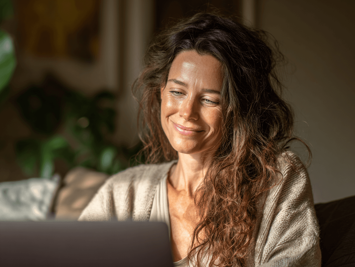 A woman with long curly hair smiling at a laptop in a sunlit room