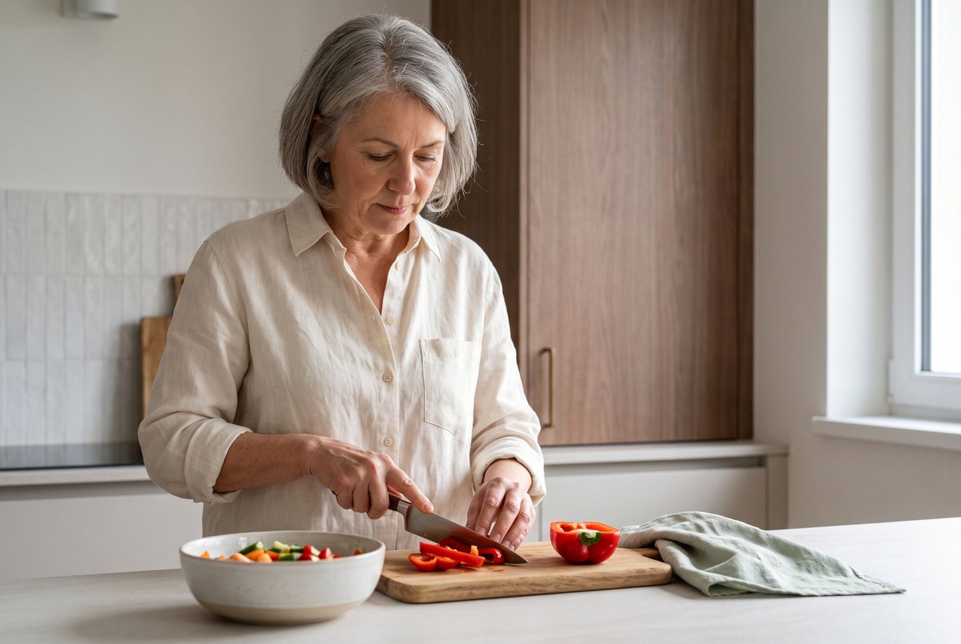 A woman in a light-colored kitchen slices fresh vegetables for a meal, a bowl of colorful produce nearby.