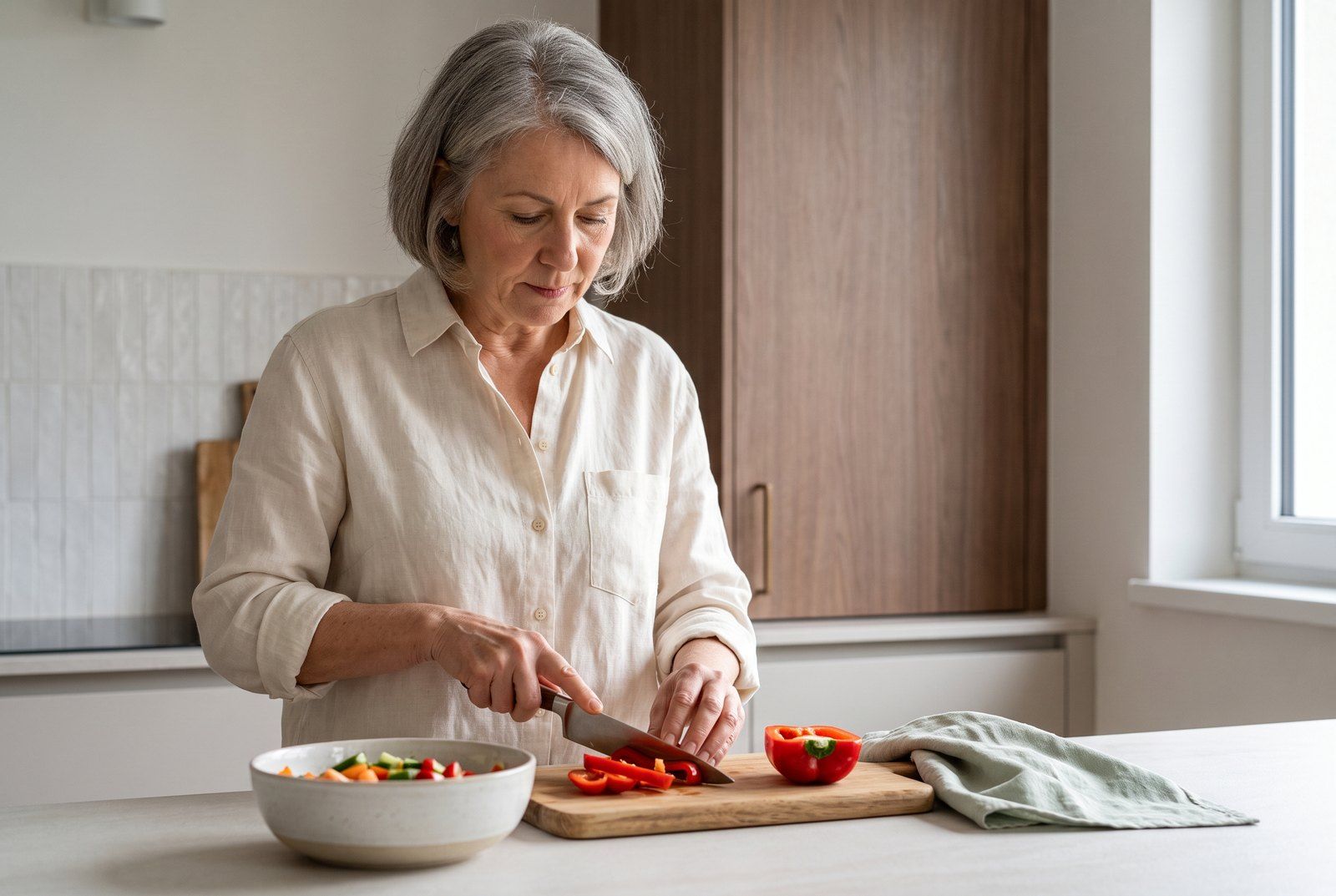 A woman in a light-colored kitchen slices fresh vegetables for a meal, a bowl of colorful produce nearby.