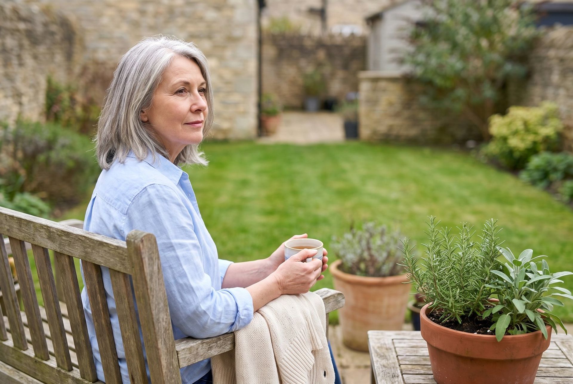 A woman in her 60s rests on a garden bench with a mug of tea, looking out over the lawn.