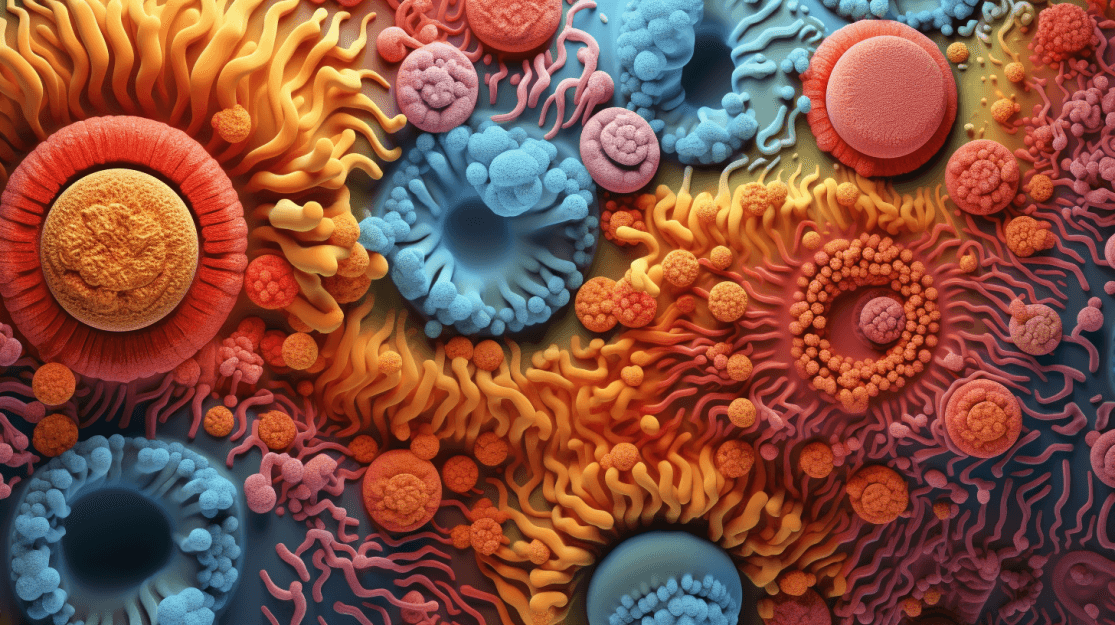 A colourful sculpted illustration of densely packed microbial shapes