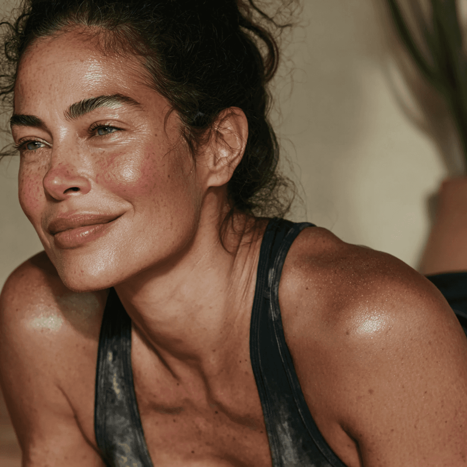 A woman in a dark sports top resting in warm sunlight after exercise