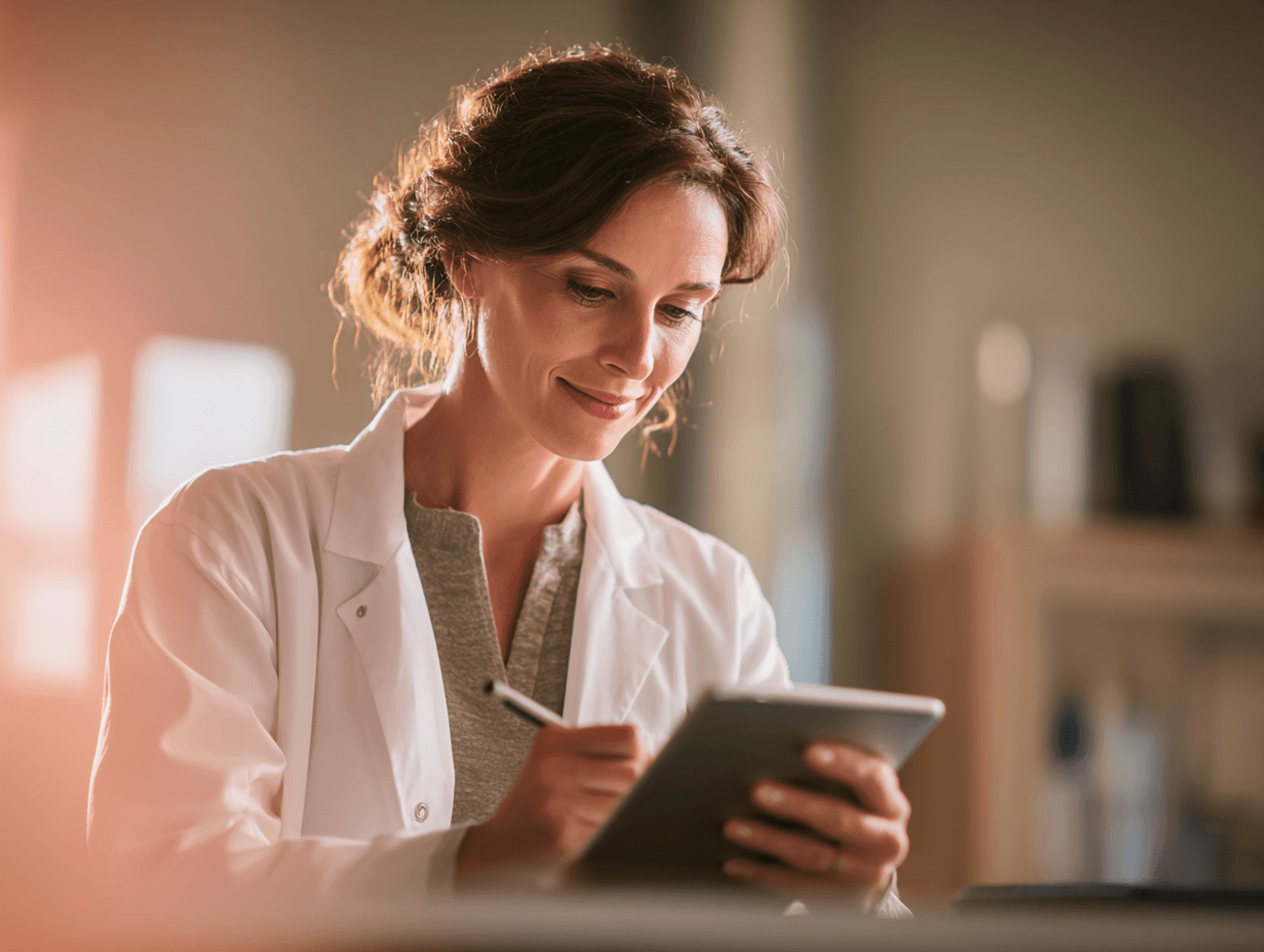 A woman in a white coat writing on a tablet in a bright clinic