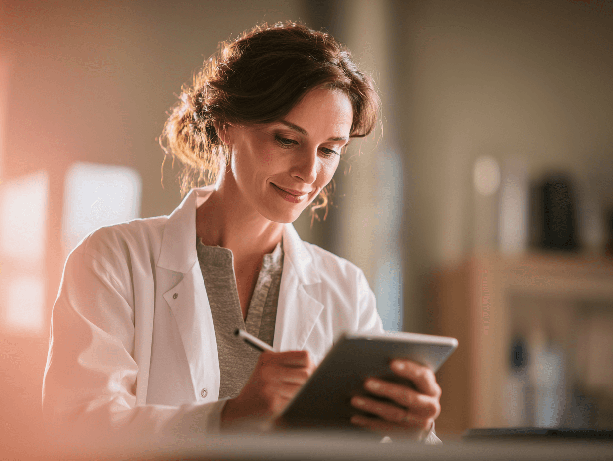A woman in a white coat writing on a tablet in a bright clinic