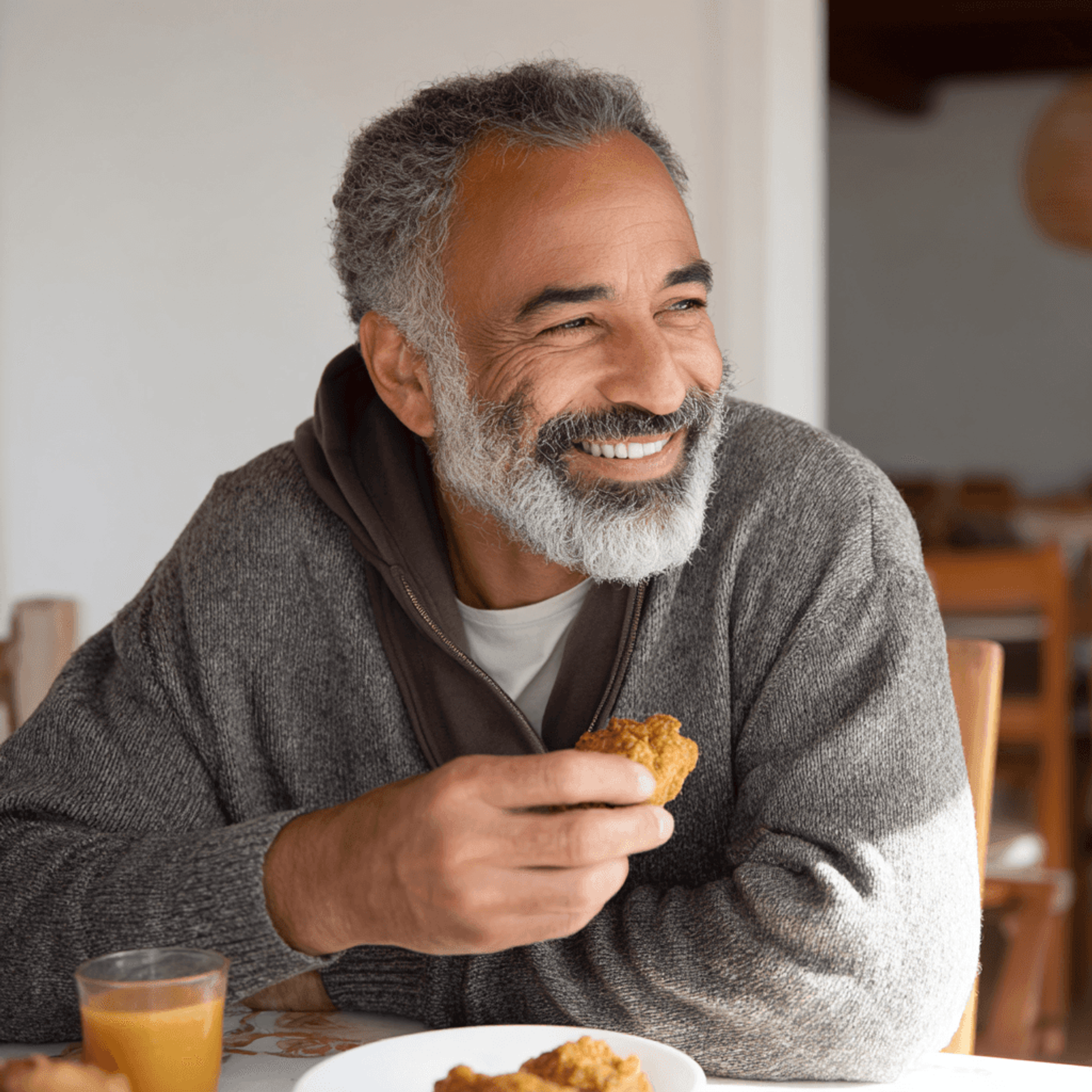 A smiling man with a grey beard at a breakfast table with juice and food