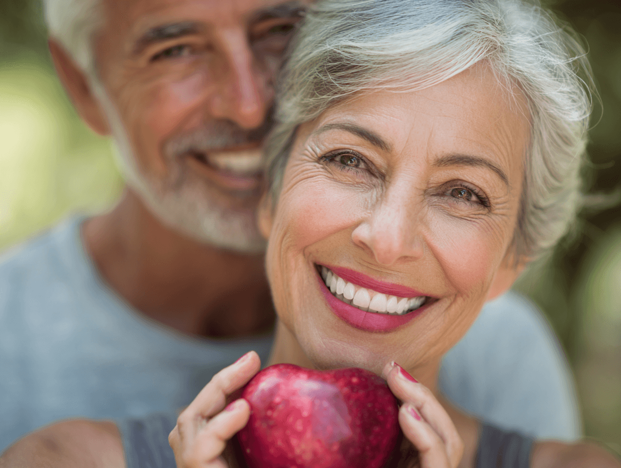 An older couple smiling outdoors, the woman holding a red apple