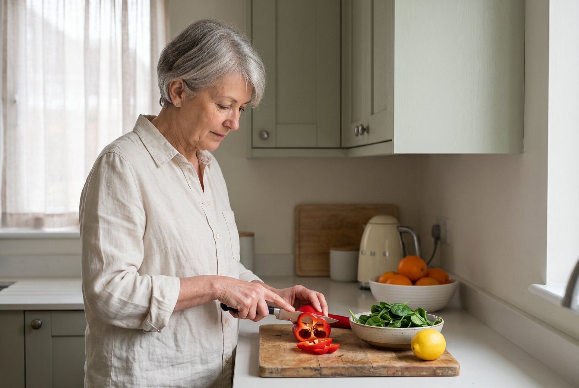 A woman in her early sixties slices a red pepper at a bright kitchen counter beside a bowl of spinach and a lemon.