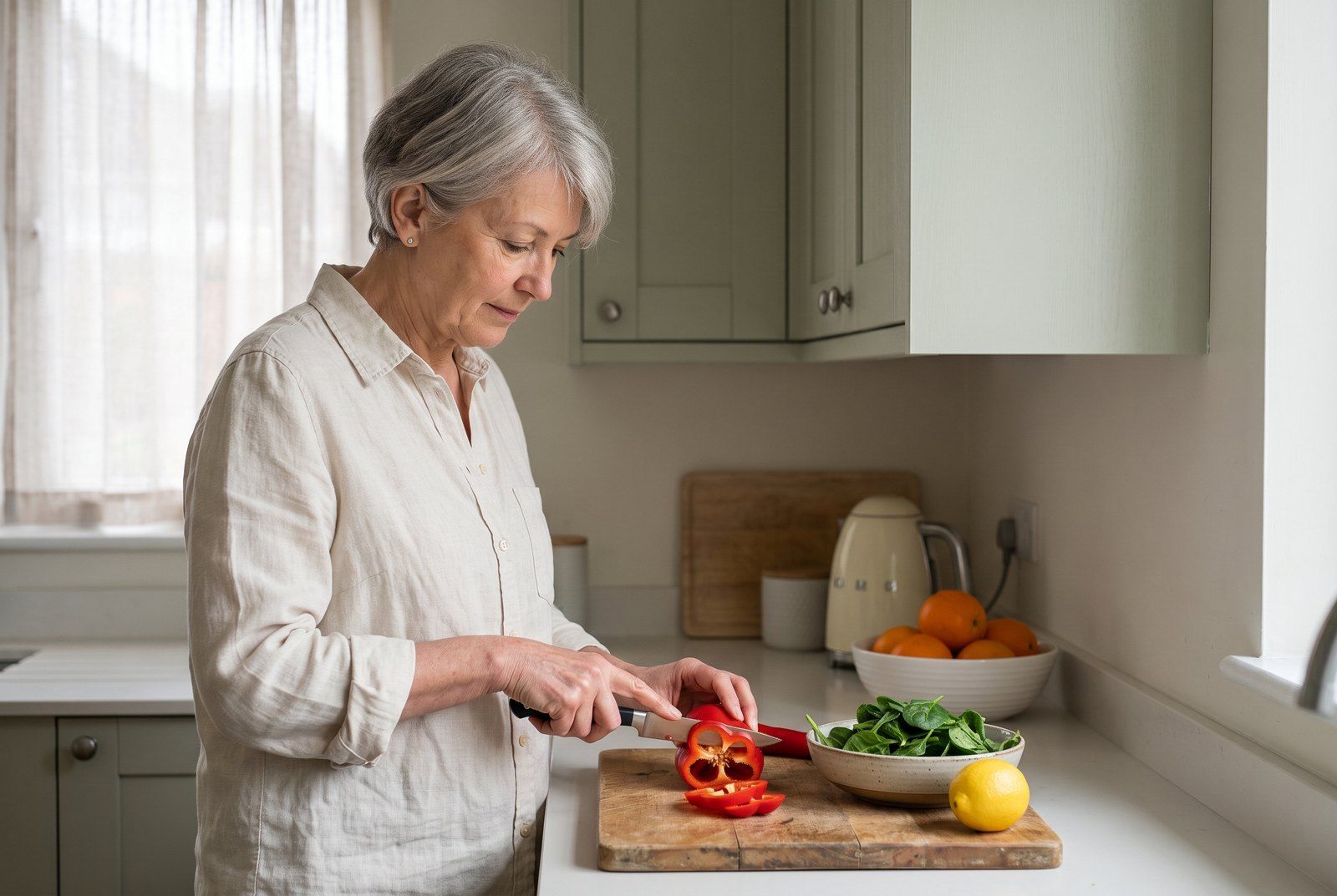 A woman in her early sixties slices a red pepper at a bright kitchen counter beside a bowl of spinach and a lemon.