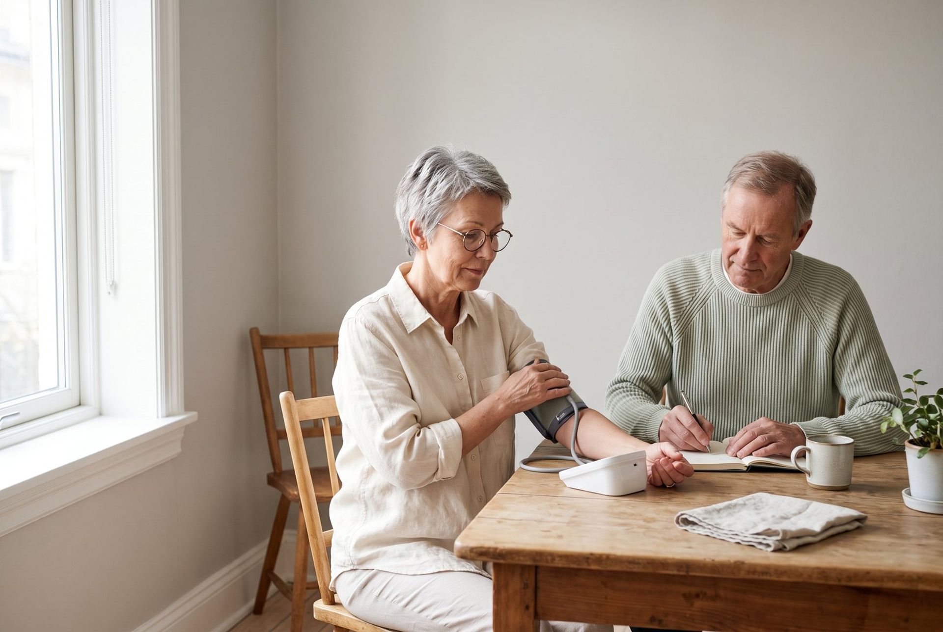 A woman fits a home cuff while a man records the reading at the table.