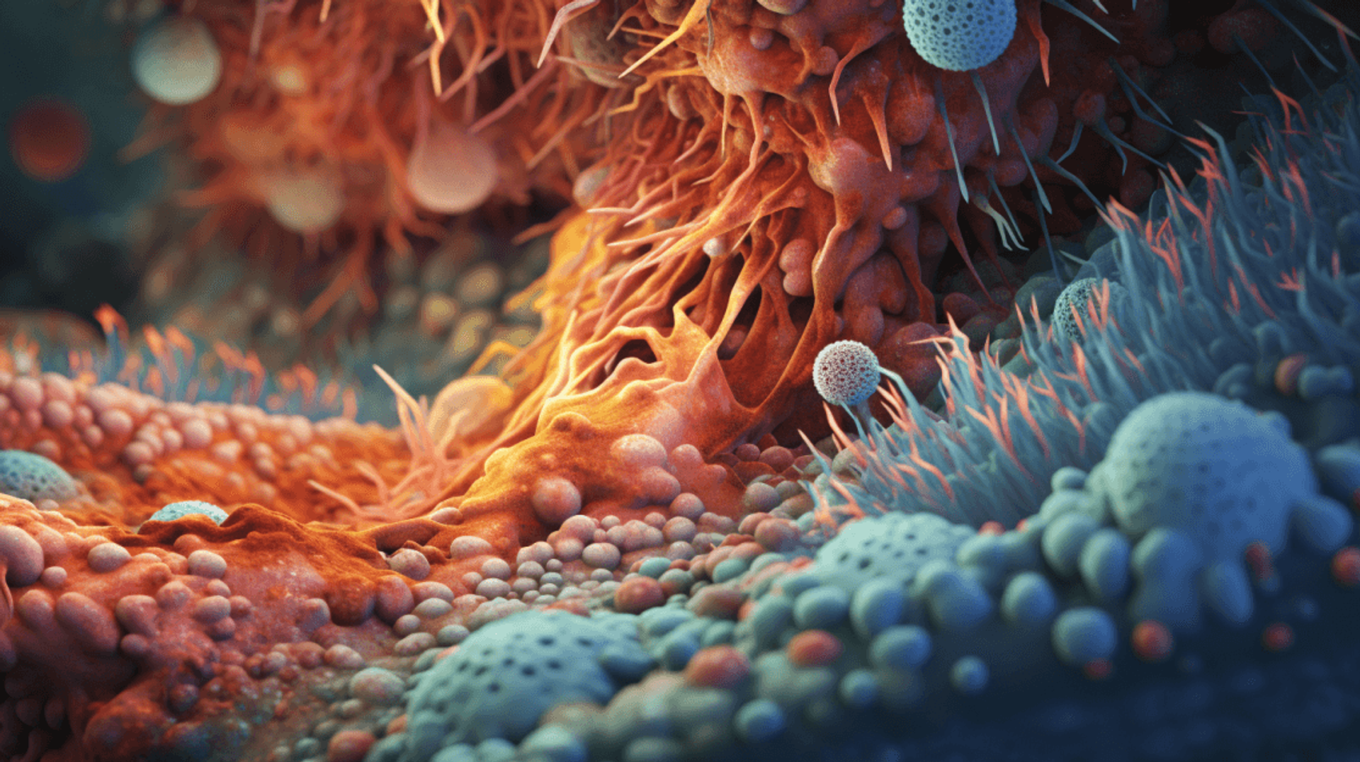 A colourful three dimensional illustration of an intestinal surface covered in microbes