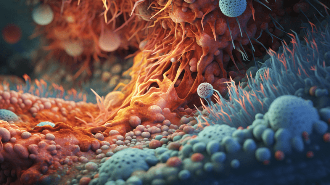 A colourful three dimensional illustration of an intestinal surface covered in microbes