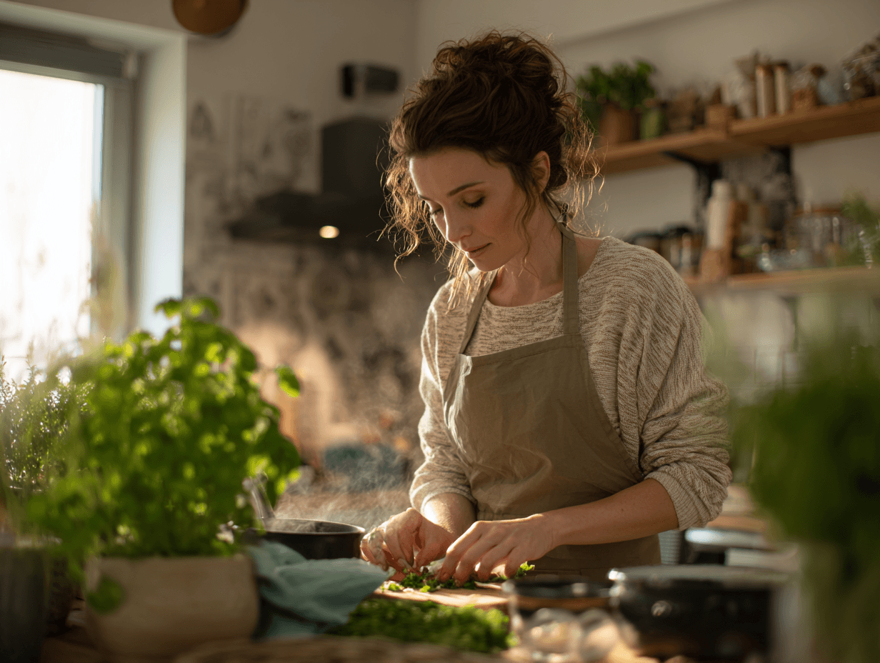 A woman chopping fresh herbs in a sunlit kitchen