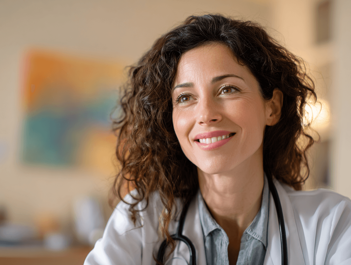 A smiling woman in a white coat with a stethoscope, looking off camera