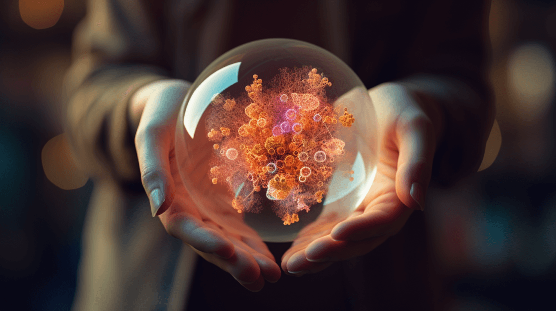 Hands holding a glass sphere containing a glowing orange cluster of microbes