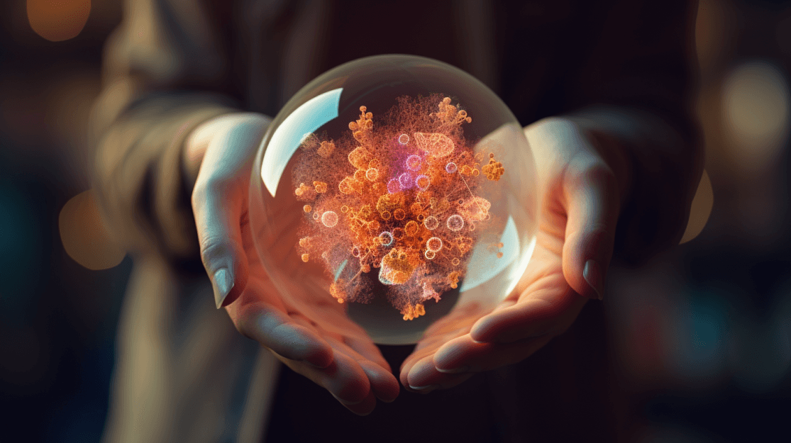 Hands holding a glass sphere containing a glowing orange cluster of microbes