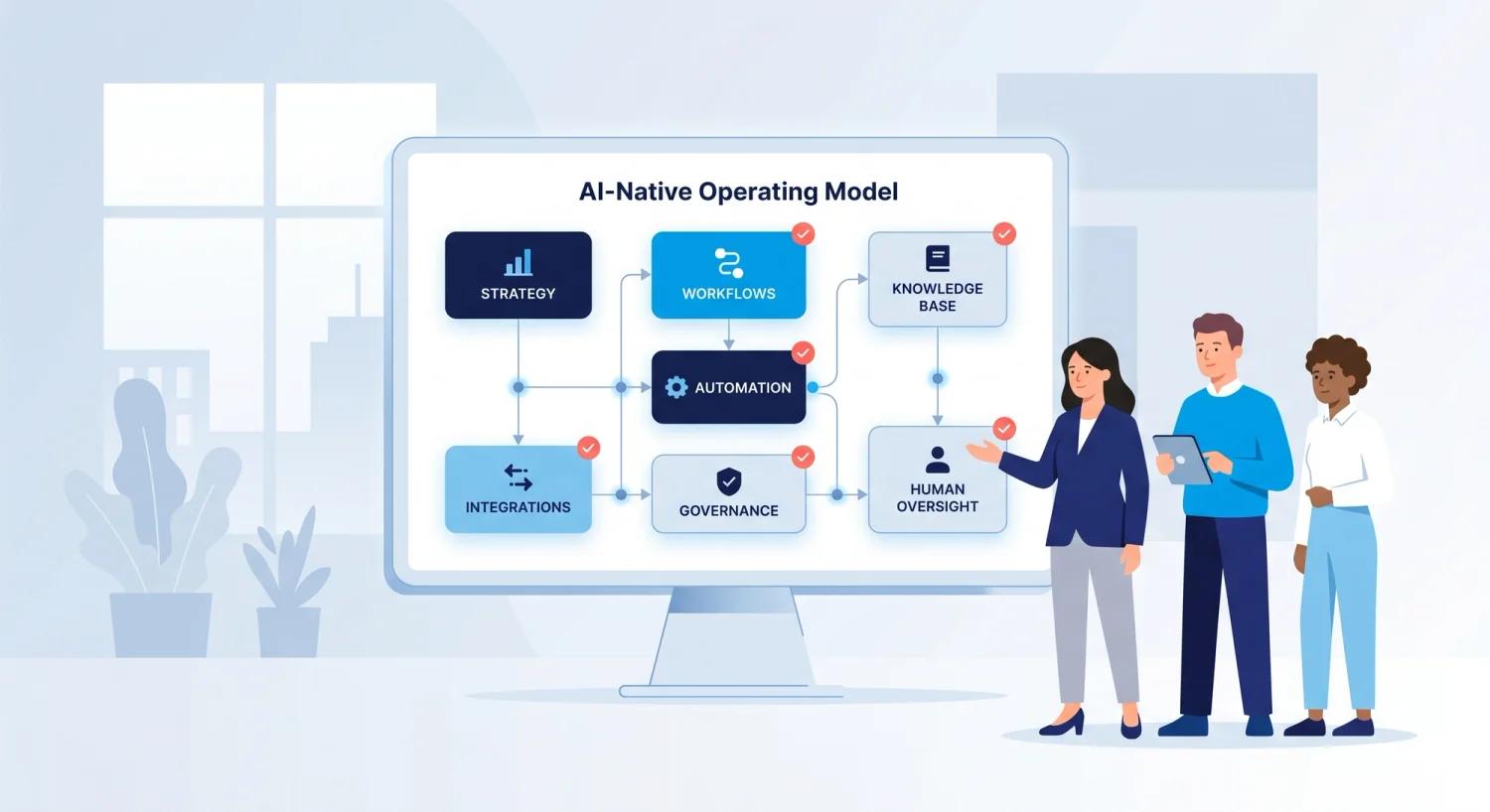 The EIC AI-native operating model — strategy, workflows, knowledge, automation, governance, and human oversight working as one system