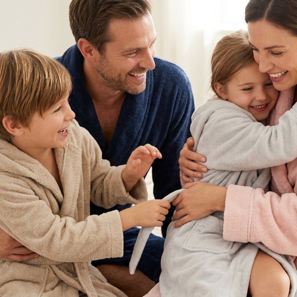 Family hugging in Twinzen bathrobes