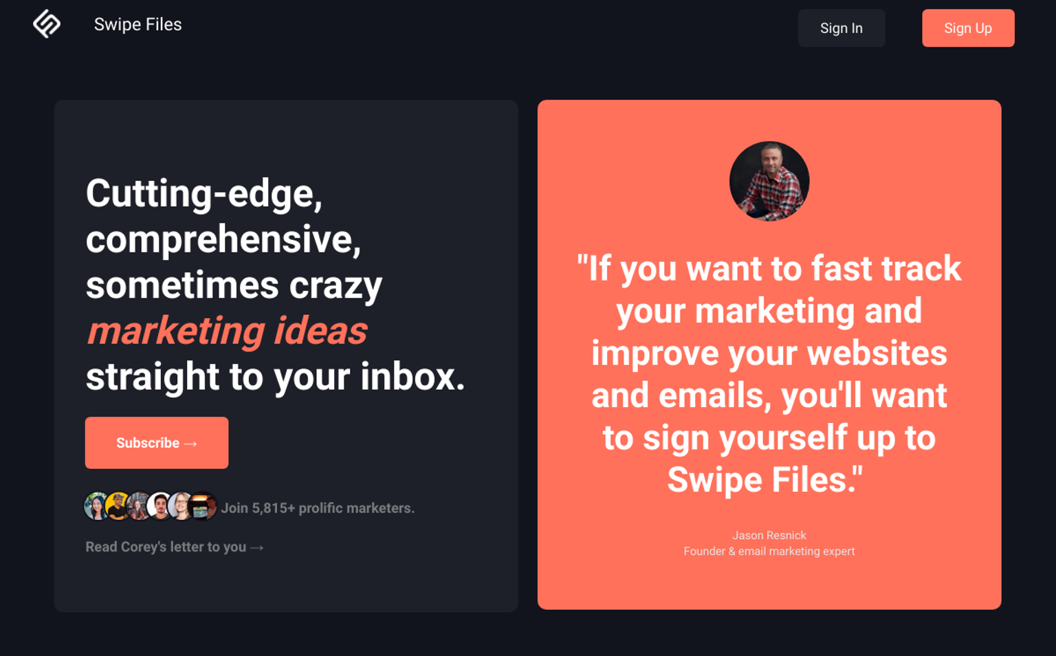 Swipe files landing page