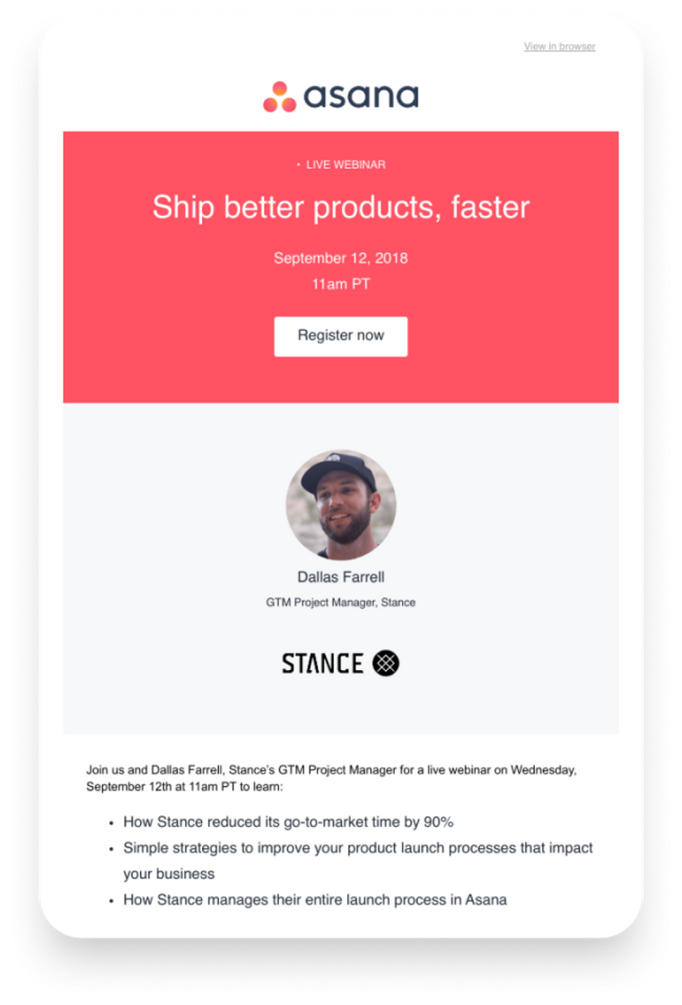 Asana webinar email example